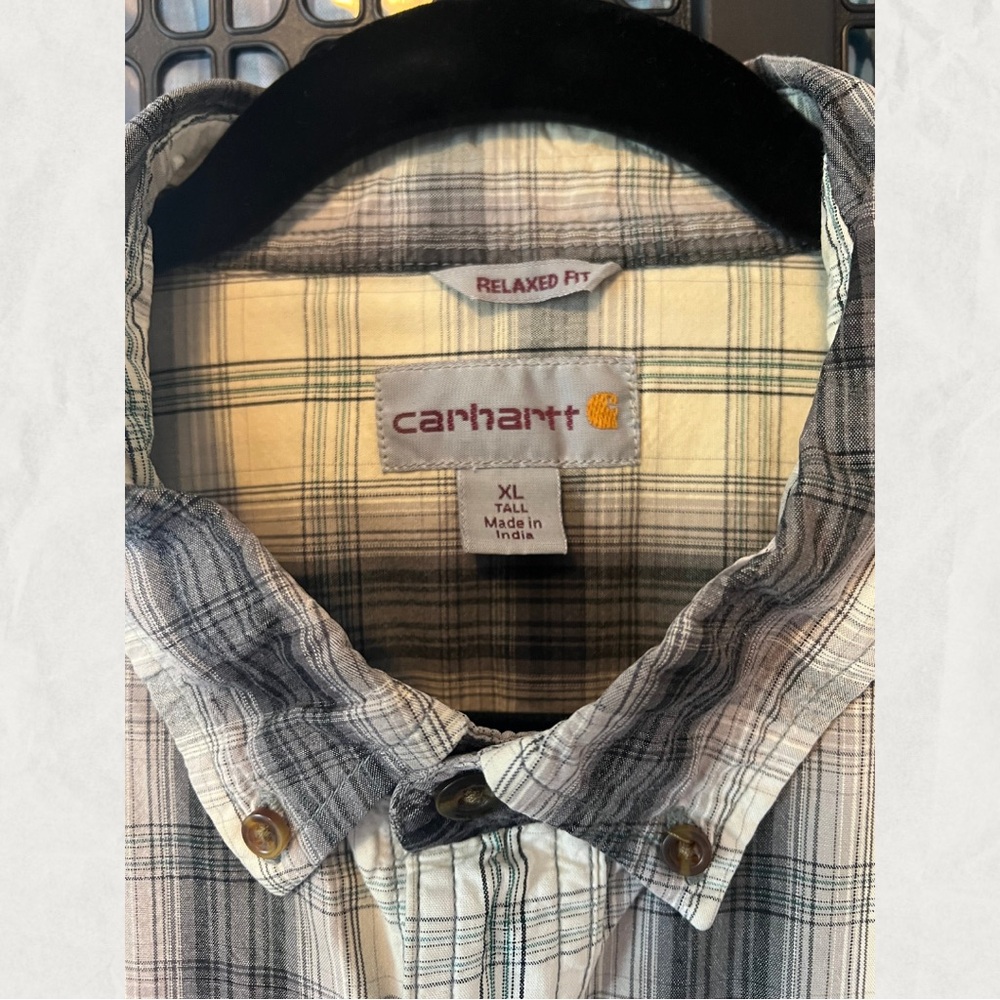 Carhartt Men's Casual Plaid Shirt - Beige and Navy - Picture 3 of 9